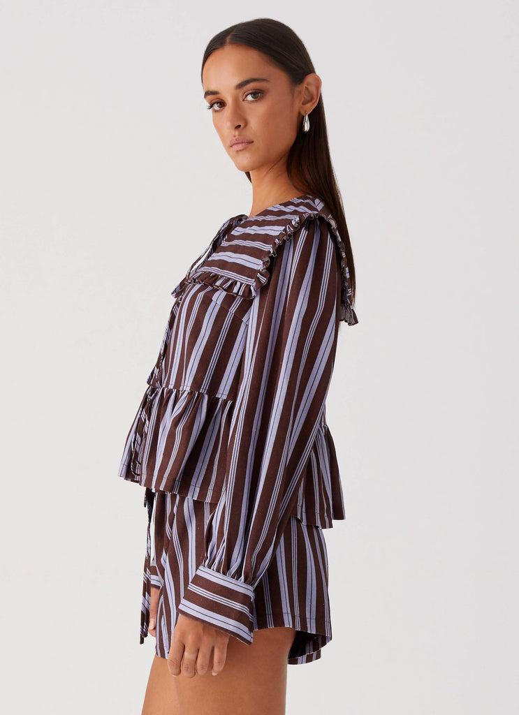 Peppermayo Peppermayo Exclusive - Emerson Tie Front Long Sleeve Top - Purple Brown Stripe