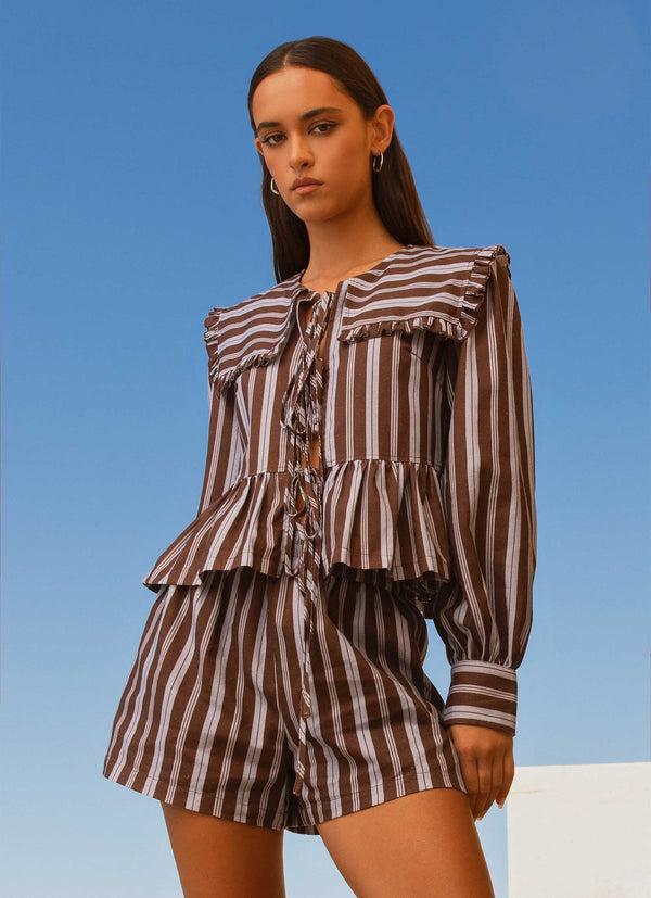 peppermayo Peppermayo Exclusive - Emerson Tie Front Long Sleeve Top - Purple Brown Stripe