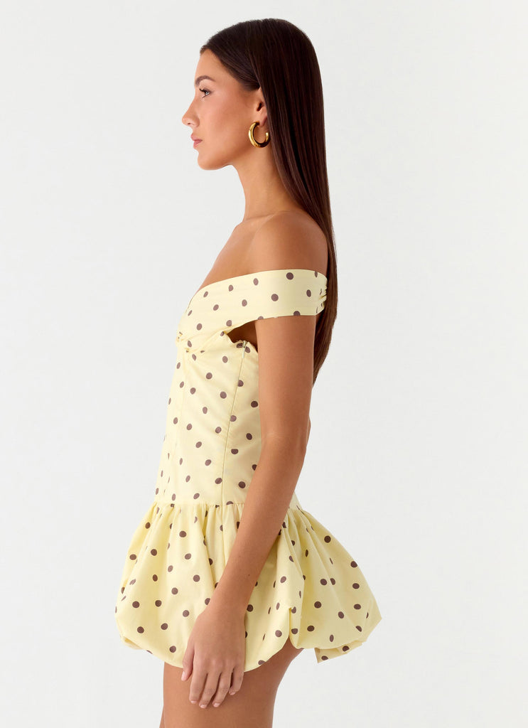 Peppermayo Peppermayo Exclusive - Endless Romance Off Shoulder Mini Dress - Yellow Polkadot