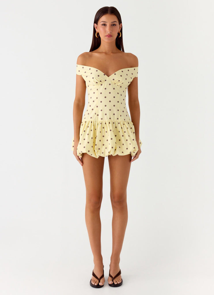 Peppermayo Peppermayo Exclusive - Endless Romance Off Shoulder Mini Dress - Yellow Polkadot