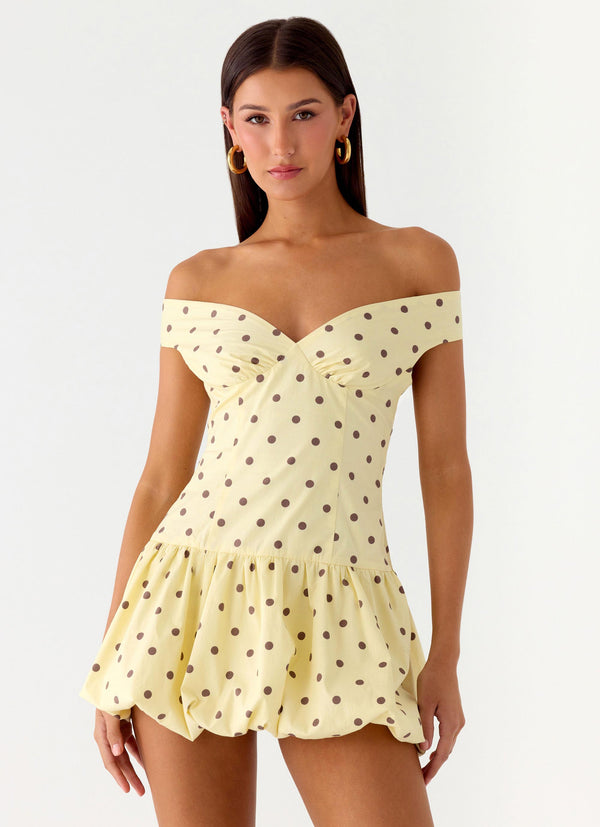 peppermayo Peppermayo Exclusive - Endless Romance Off Shoulder Mini Dress - Yellow Polkadot