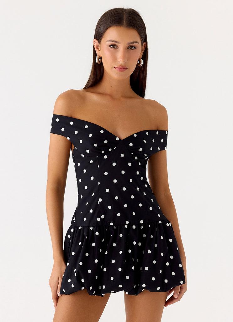 Peppermayo Peppermayo Exclusive - Endless Romance Off Shoulder Mini Dress - Black Polkadot