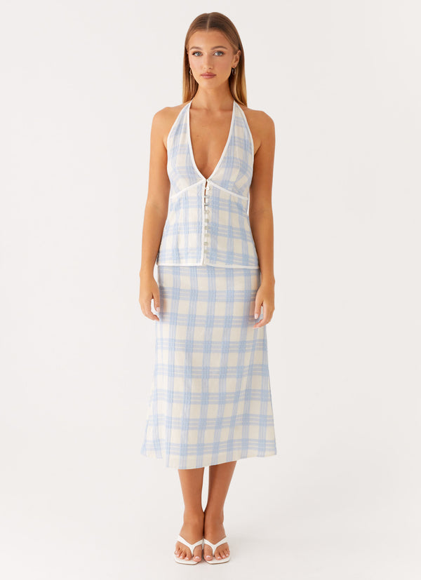peppermayo Peppermayo Exclusive - Esther Midi Skirt - Blue Check Seersucker