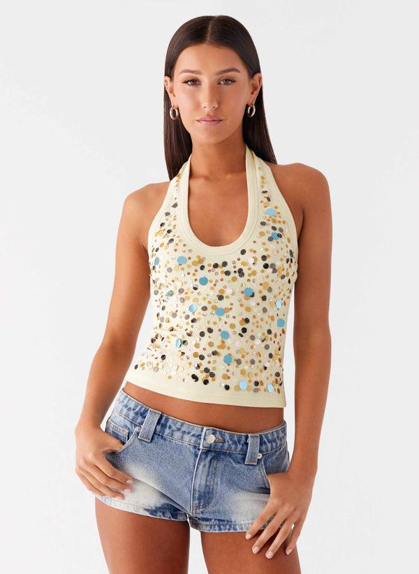 peppermayo Peppermayo Exclusive - Eye Contact Sequin Halter Top - Yellow