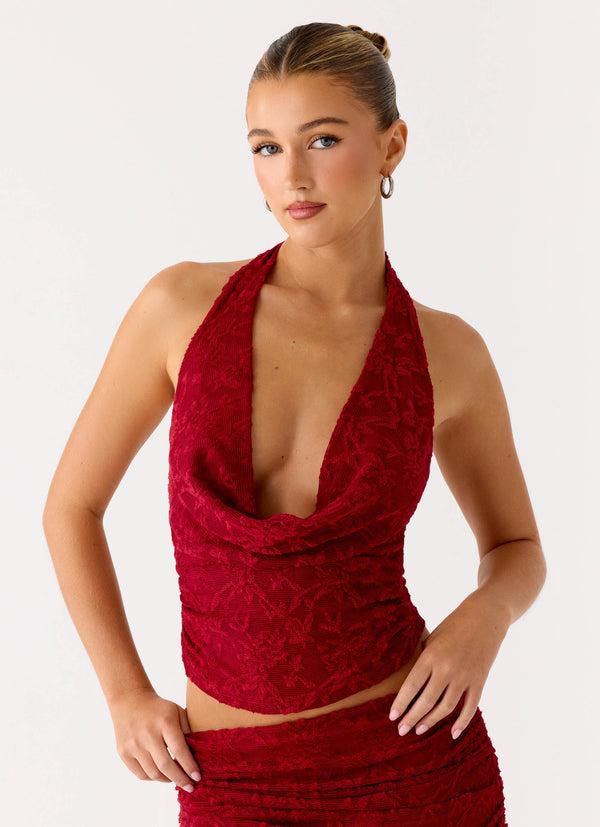 peppermayo Peppermayo Exclusive - Farruko Jacquard Halter Top - Dark Cherry