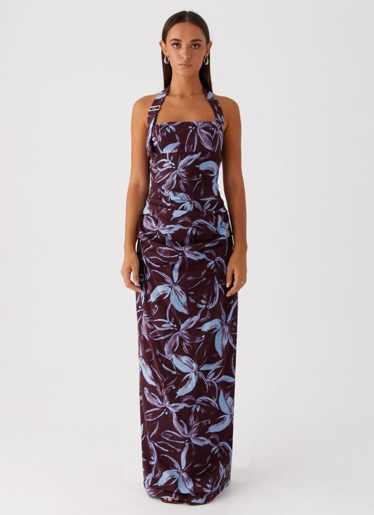 Peppermayo Peppermayo Exclusive - Fauna Halter Maxi Dress - Brown Purple Floral