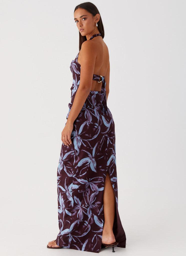 Peppermayo Peppermayo Exclusive - Fauna Halter Maxi Dress - Brown Purple Floral
