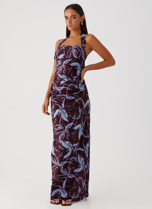 peppermayo Peppermayo Exclusive - Fauna Halter Maxi Dress - Brown Purple Floral