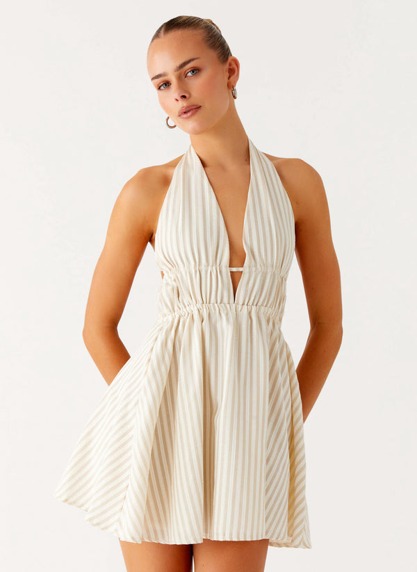 peppermayo Peppermayo Exclusive - Figaro Halter Mini Dress - Taupe Stripe