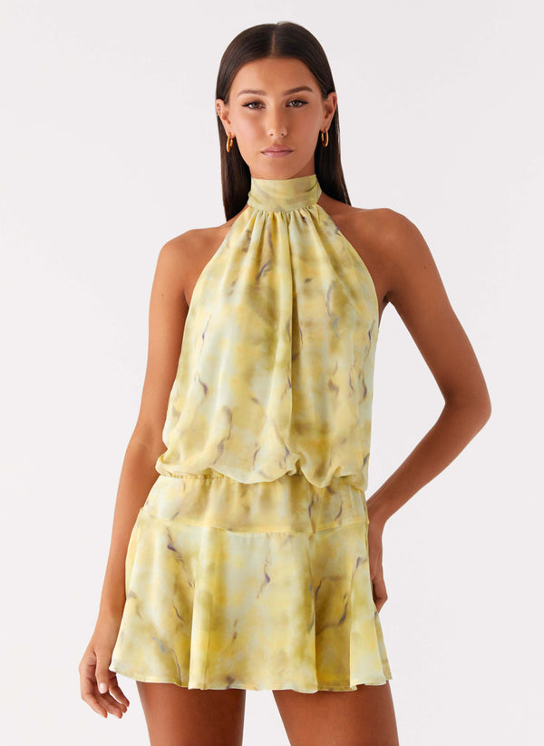 peppermayo Peppermayo Exclusive - First Date Halter Mini Dress - Yellow Tie Dye