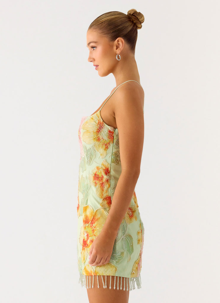 Peppermayo Peppermayo Exclusive - Gatiana Beaded Sequin Mini Dress - Green Floral Beaded