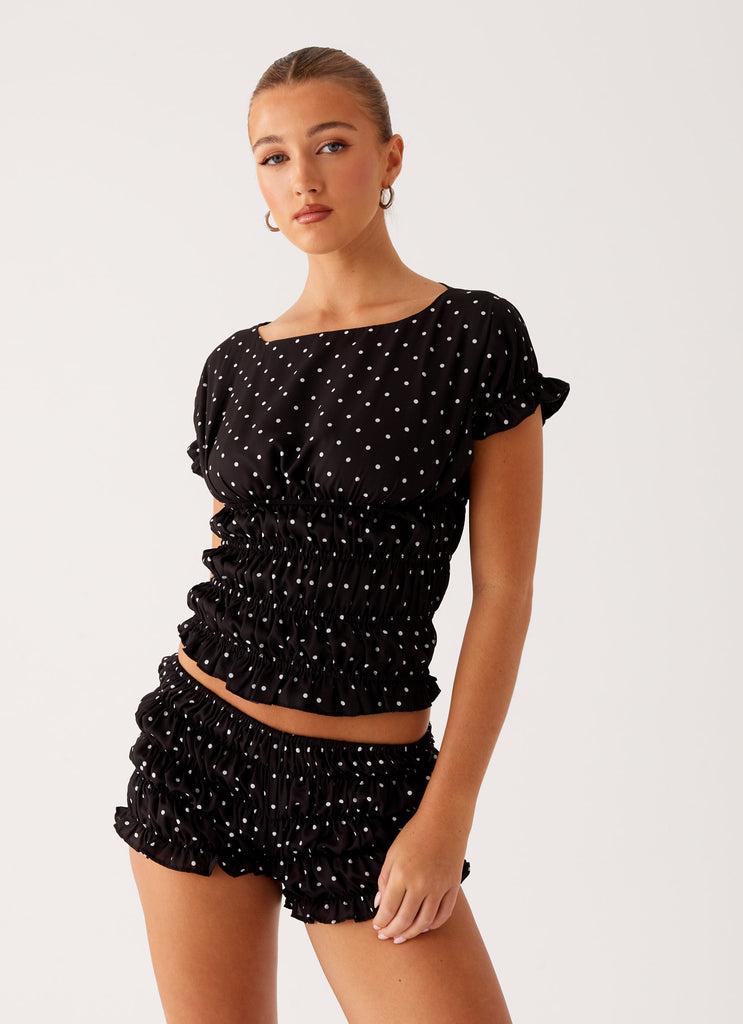 Peppermayo Peppermayo Exclusive - Girls Like Us Ruched Mini Shorts - Black Polka Dot