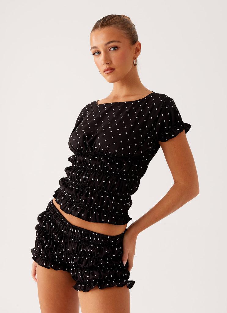 Peppermayo Peppermayo Exclusive - Girls Like Us Ruched Mini Shorts - Black Polka Dot