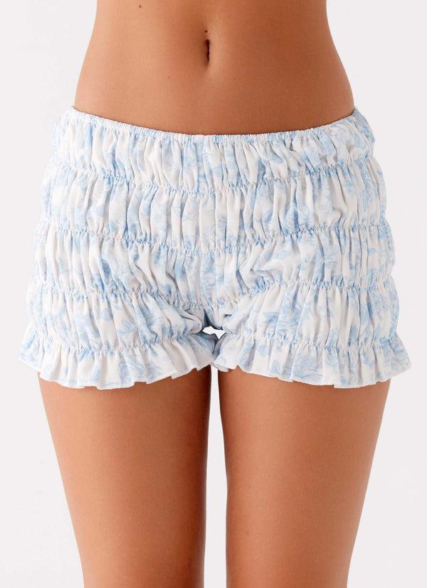 peppermayo Peppermayo Exclusive - Girls Like Us Ruched Mini Shorts - Blue Floral
