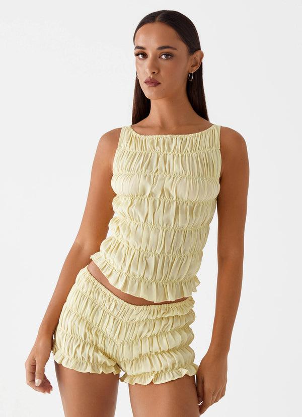 peppermayo Peppermayo Exclusive - Girls Like Us Ruched Mini Shorts - Yellow