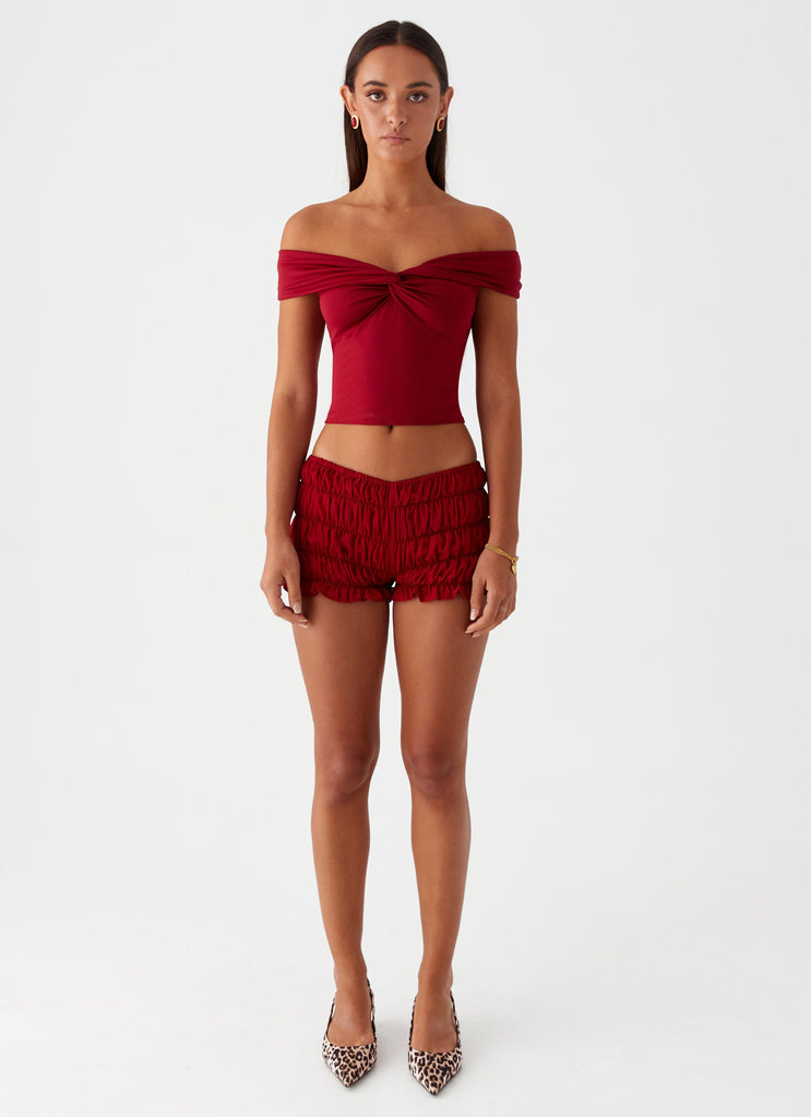 Peppermayo Peppermayo Exclusive - Girls Like Us Ruched Mini Shorts - Maroon