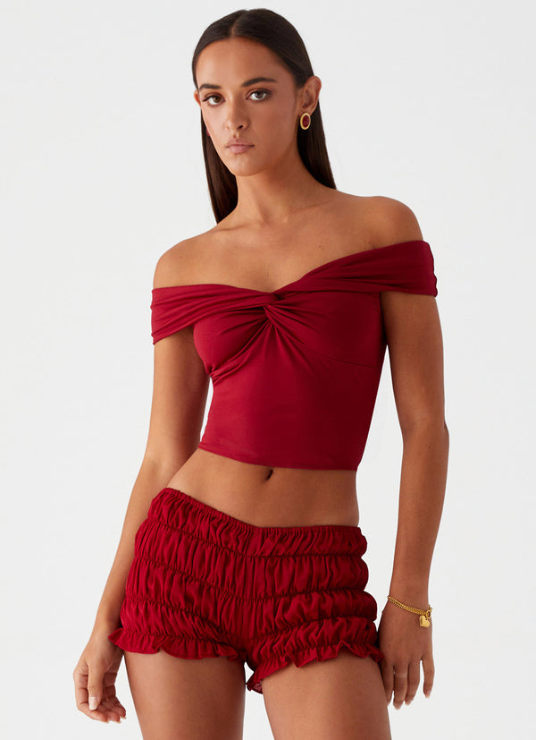 peppermayo Peppermayo Exclusive - Girls Like Us Ruched Mini Shorts - Maroon