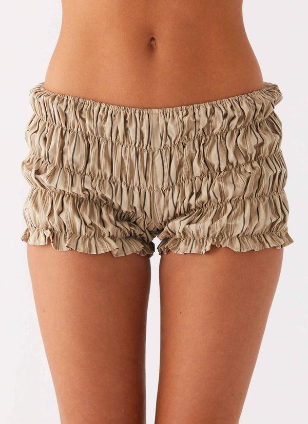 peppermayo Peppermayo Exclusive - Girls Like Us Ruched Mini Shorts - Oatmeal Stripe