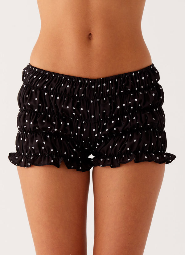 peppermayo Peppermayo Exclusive - Girls Like Us Ruched Mini Shorts - Black Polka Dot