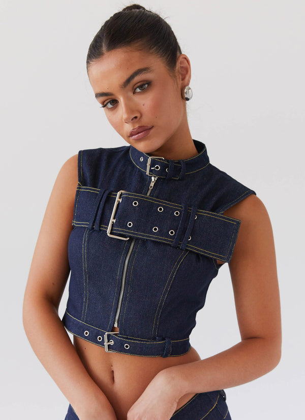 peppermayo Peppermayo Exclusive - Greedy Denim Buckle Top - Indigo