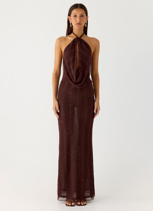 peppermayo Peppermayo Exclusive - Haylan Sparkle Mesh Maxi Dress - Chocolate