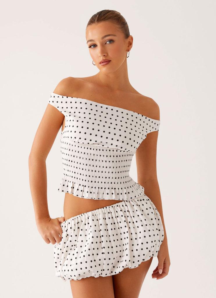 Peppermayo Peppermayo Exclusive - Heather Off Shoulder Top - White Black Polka Dot