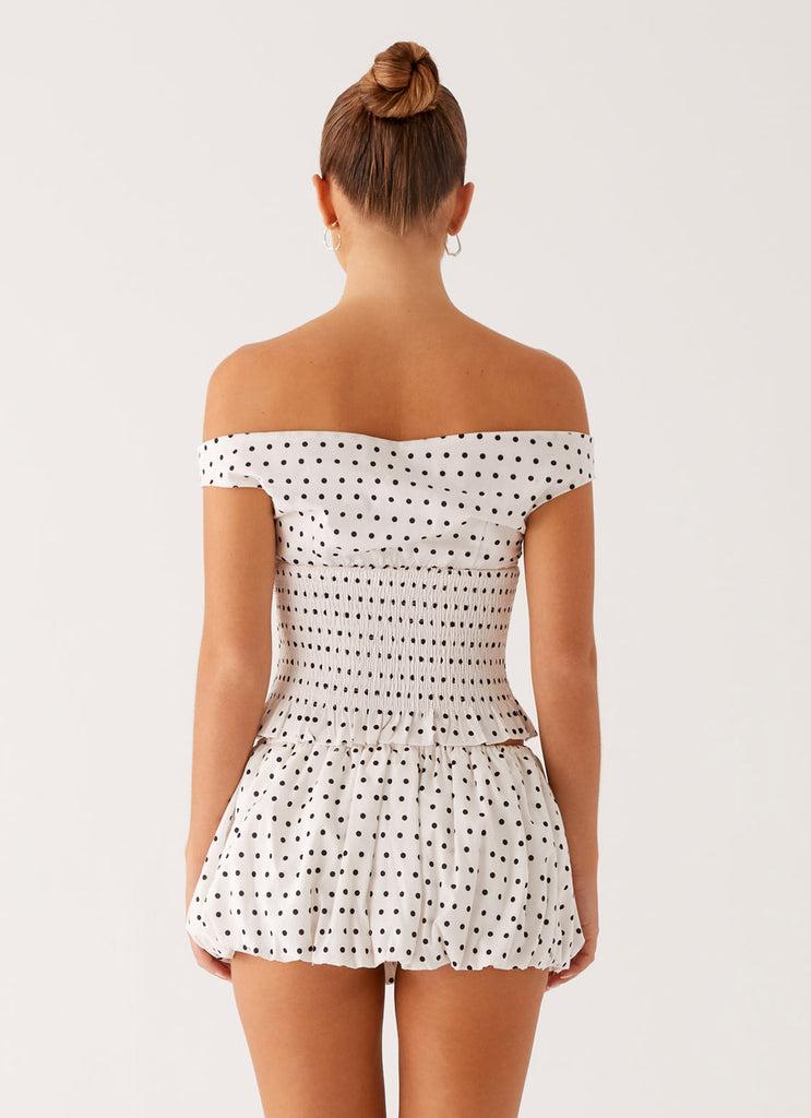Peppermayo Peppermayo Exclusive - Heather Off Shoulder Top - White Black Polka Dot