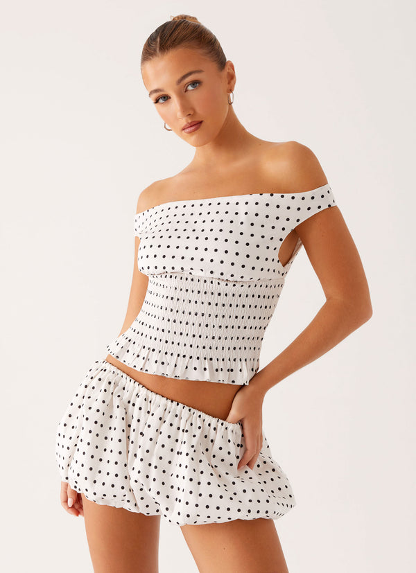 peppermayo Peppermayo Exclusive - Heather Off Shoulder Top - White Black Polka Dot