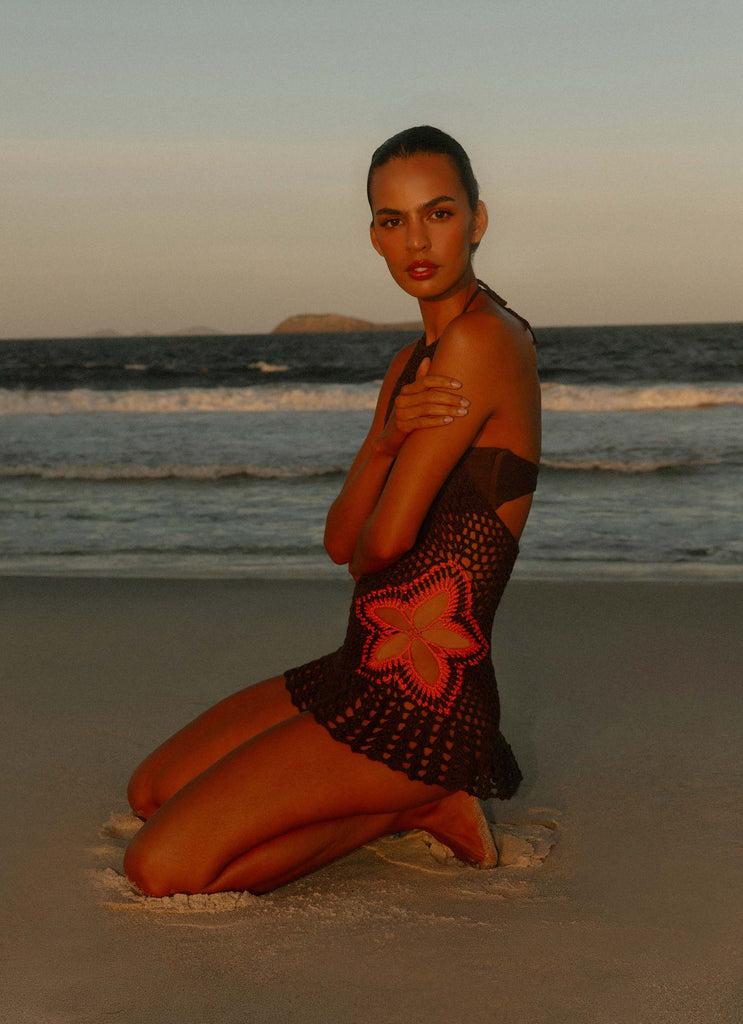 Peppermayo Peppermayo Exclusive - Henley Crochet Mini Dress - Chocolate