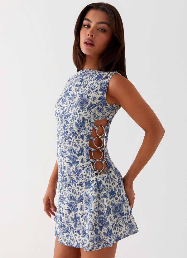 peppermayo Peppermayo Exclusive - Indigo Bloom Linen Mini Dress - Blue Paisley