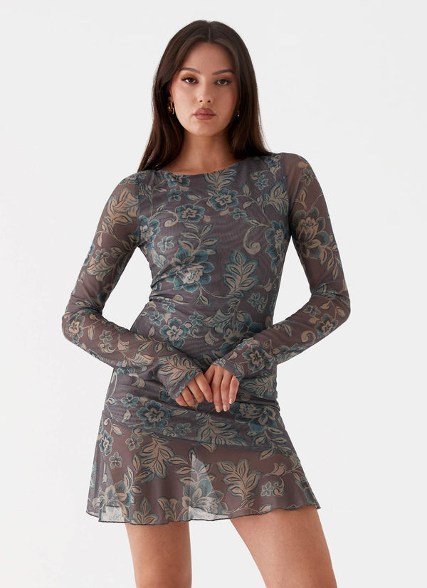 peppermayo Peppermayo Exclusive - Ines Long Sleeve Mini Dress - Brown Floral