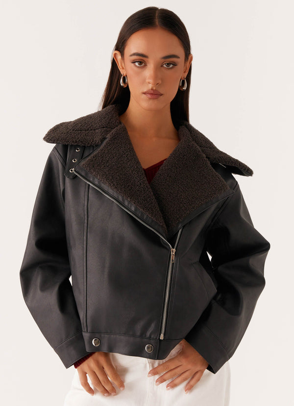 peppermayo Peppermayo Exclusive - Inka PU Leather Shearling Jacket - Charcoal