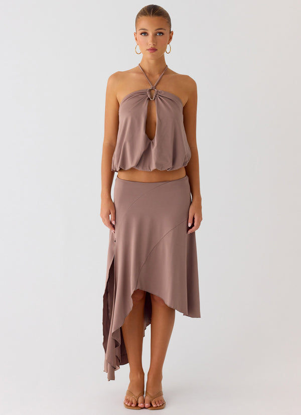 peppermayo Peppermayo Exclusive - Jisoo Asymmetric Midi Skirt - Desert Taupe