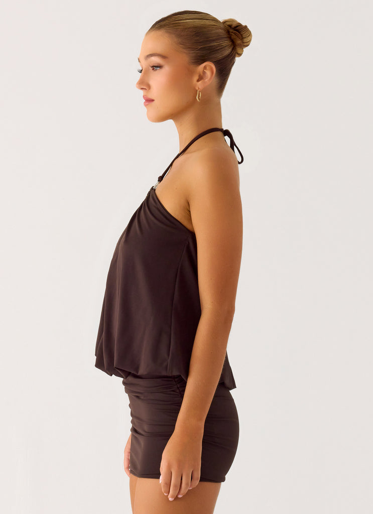 Peppermayo Peppermayo Exclusive - Jisoo Halter Mini Dress - Cool Chocolate