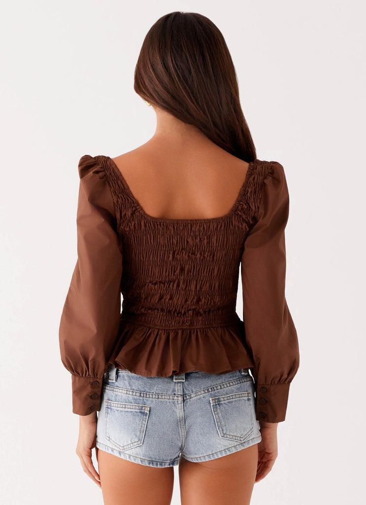 Peppermayo Peppermayo Exclusive - Joyce Long Sleeve Cotton Shirred Top - Chocolate