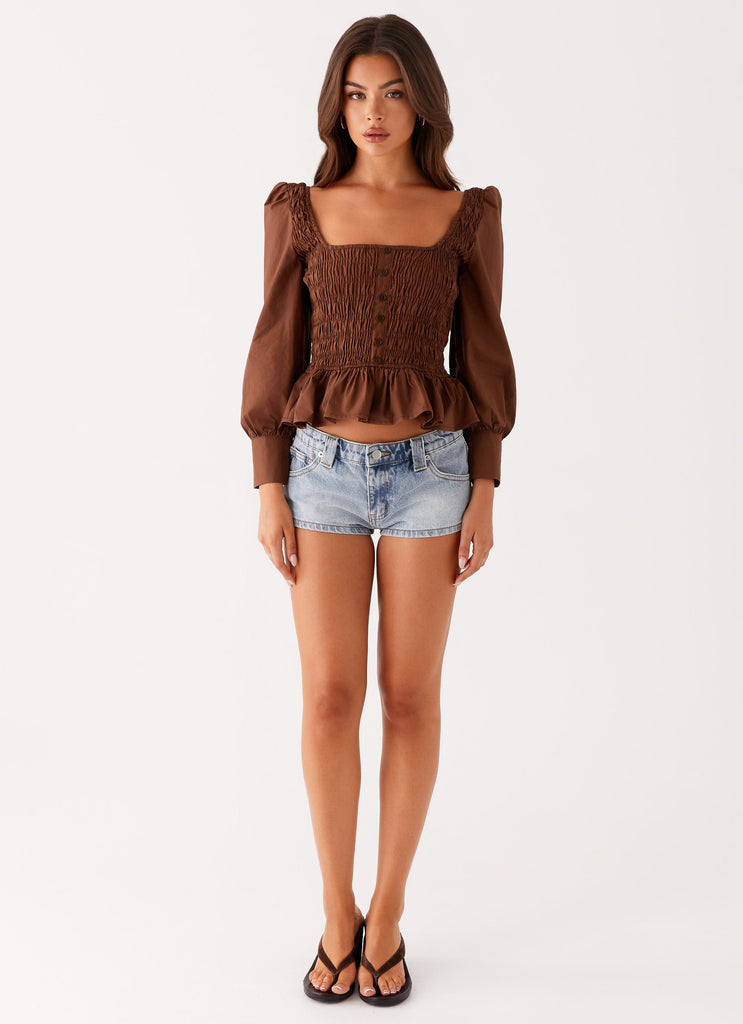 Peppermayo Peppermayo Exclusive - Joyce Long Sleeve Cotton Shirred Top - Chocolate