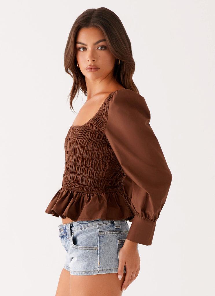 Peppermayo Peppermayo Exclusive - Joyce Long Sleeve Cotton Shirred Top - Chocolate