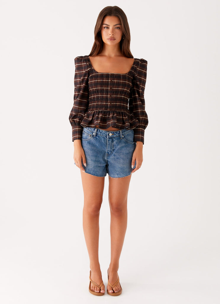 Peppermayo Peppermayo Exclusive - Joyce Long Sleeve Cotton Shirred Top - Chocolate Check