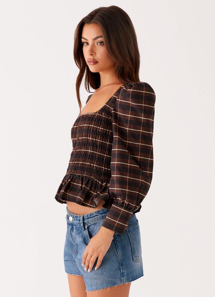 Peppermayo Peppermayo Exclusive - Joyce Long Sleeve Cotton Shirred Top - Chocolate Check