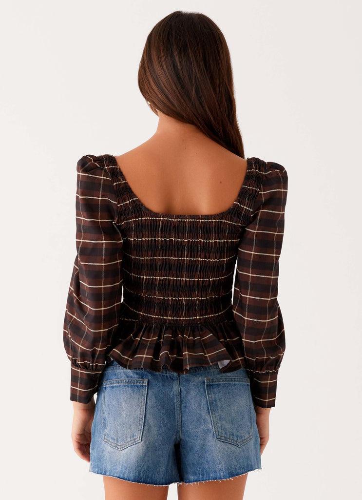 Peppermayo Peppermayo Exclusive - Joyce Long Sleeve Cotton Shirred Top - Chocolate Check