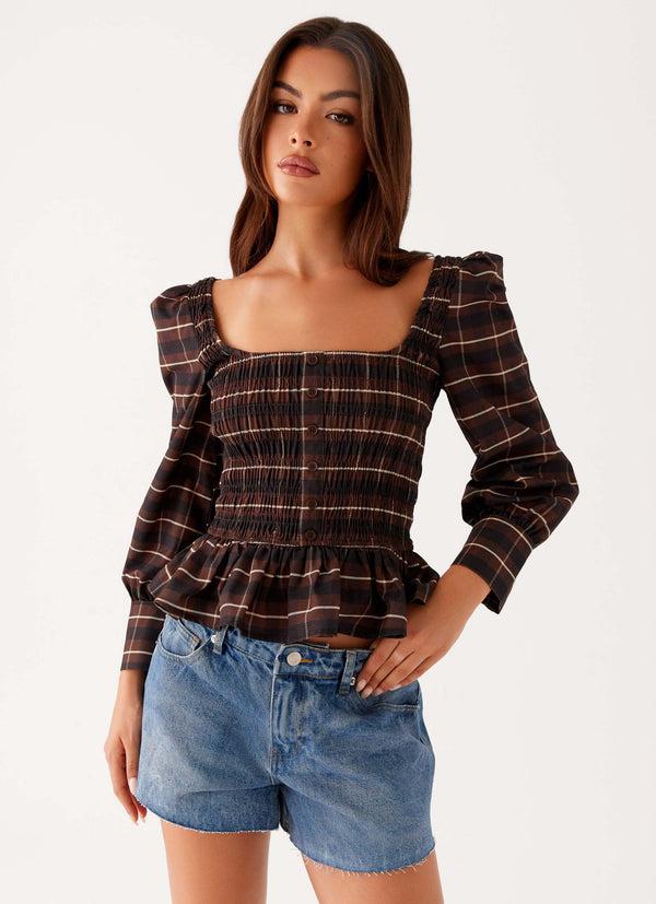 peppermayo Peppermayo Exclusive - Joyce Long Sleeve Cotton Shirred Top - Chocolate Check