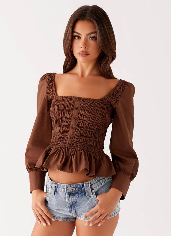 peppermayo Peppermayo Exclusive - Joyce Long Sleeve Cotton Shirred Top - Chocolate