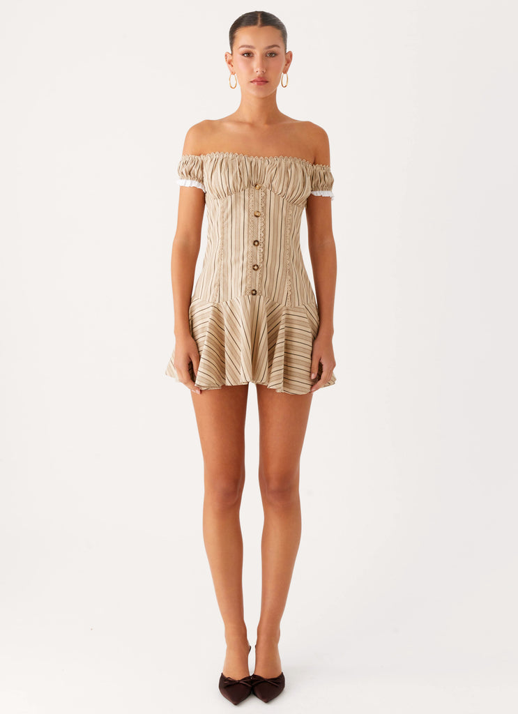 Peppermayo Peppermayo Exclusive - Jumana Off Shoulder Mini Dress - Off White Stripe