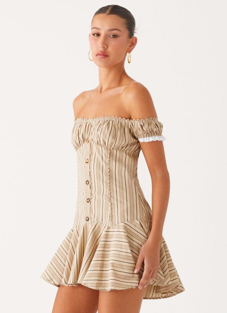 Peppermayo Peppermayo Exclusive - Jumana Off Shoulder Mini Dress - Off White Stripe