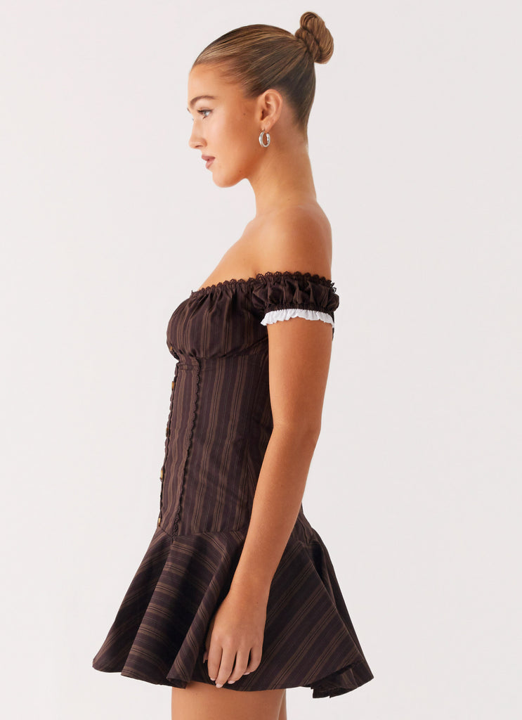 Peppermayo Peppermayo Exclusive - Jumana Off Shoulder Mini Dress - Toffee Stripe