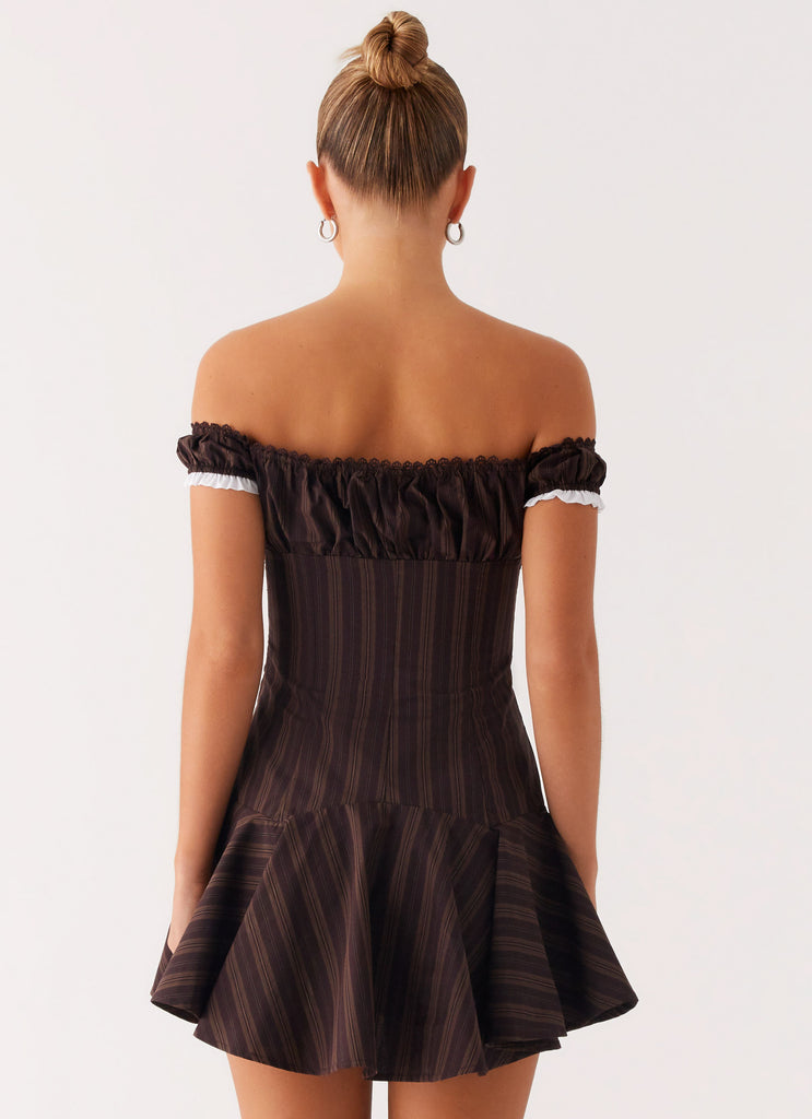Peppermayo Peppermayo Exclusive - Jumana Off Shoulder Mini Dress - Toffee Stripe