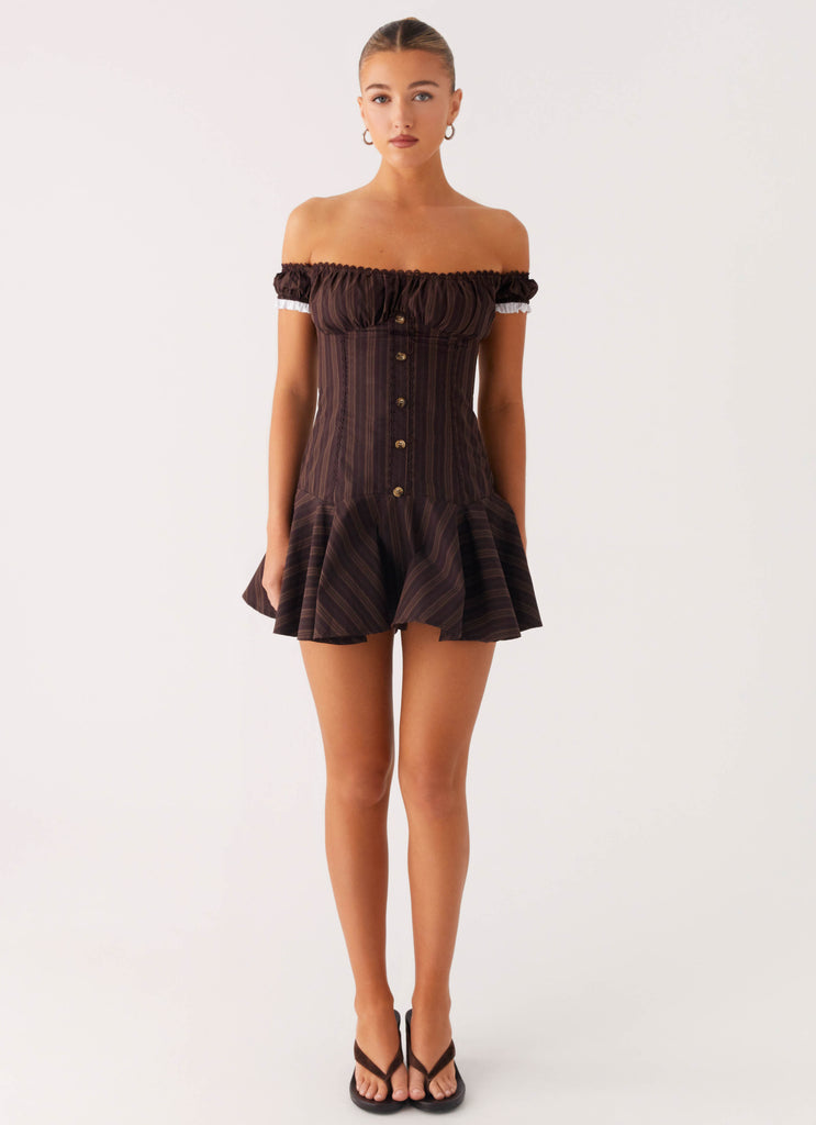 Peppermayo Peppermayo Exclusive - Jumana Off Shoulder Mini Dress - Toffee Stripe