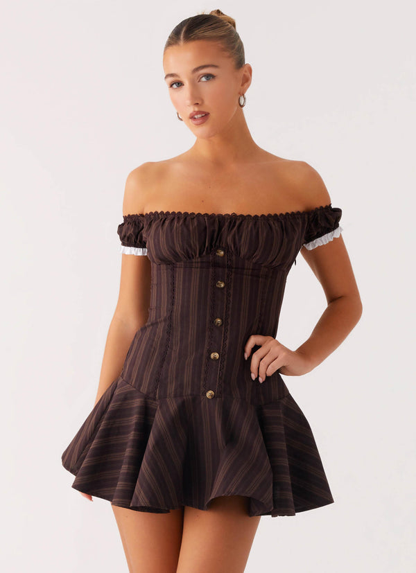 peppermayo Peppermayo Exclusive - Jumana Off Shoulder Mini Dress - Toffee Stripe