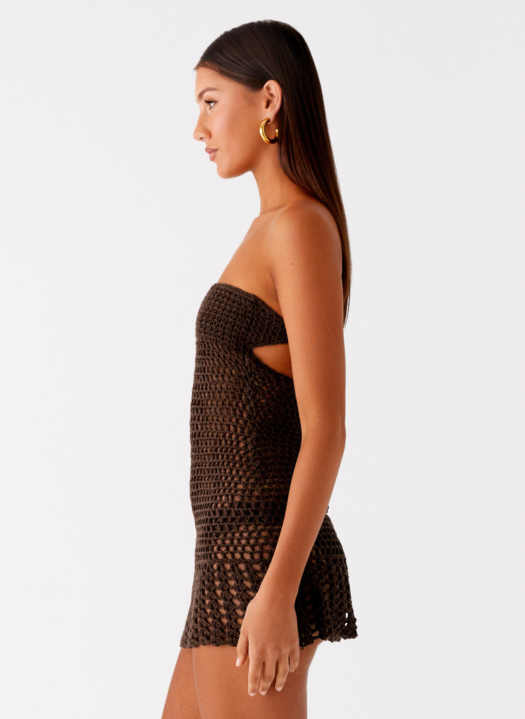 Peppermayo Peppermayo Exclusive - Kaiane Strapless Crochet Mini Dress - Chocolate