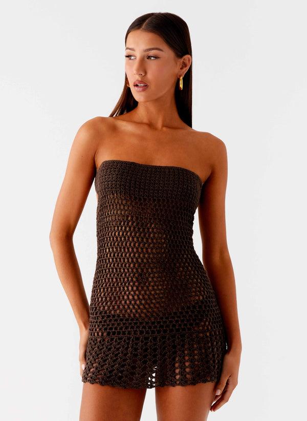 peppermayo Peppermayo Exclusive - Kaiane Strapless Crochet Mini Dress - Chocolate
